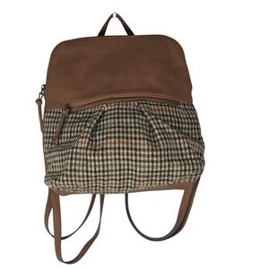 Sonoma Goods For Life Brown Faux Leather Houndstooth Plaid Backpack Purse School